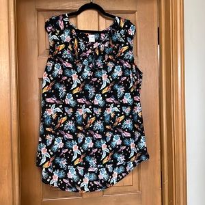 Black and multi colored floral print sleeveless blouse